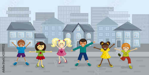 Happy multi-ethnic kids with urban background
