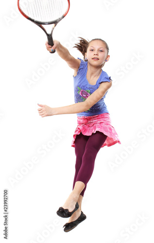 The girl has struck a tennis racket