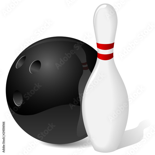 Bowling ball and pin isolated on white.