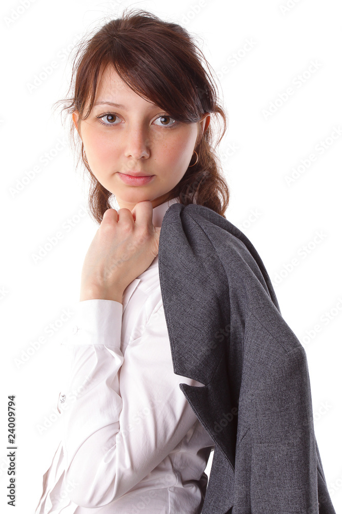 beautiful young business woman in suit isolated background beautiful young business woman in suit isolated background