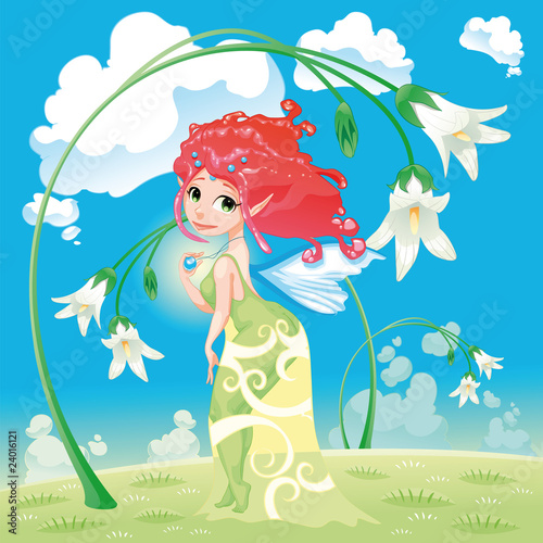 Fairy with flowers. Cartoon and vector illustration.