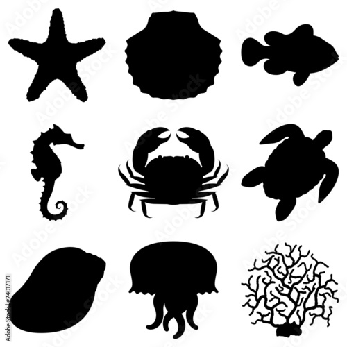 Sea animals silhouettes .