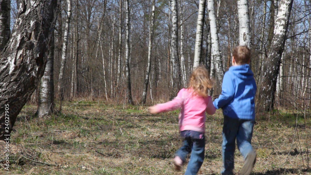 boy with sister runs to spring forest boy with sister runs to spring forest