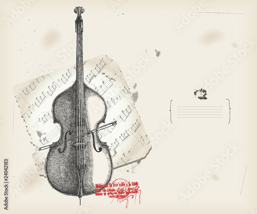 Double bass drawing- music instrument with score- background