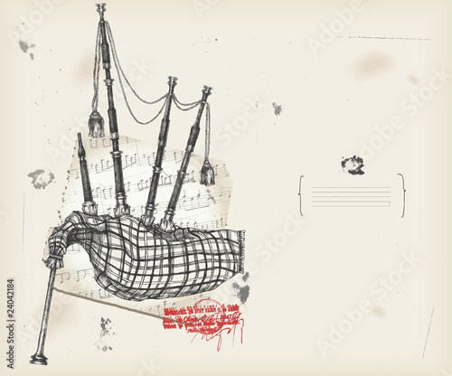 Bagpipe drawing- music instrument with score- background