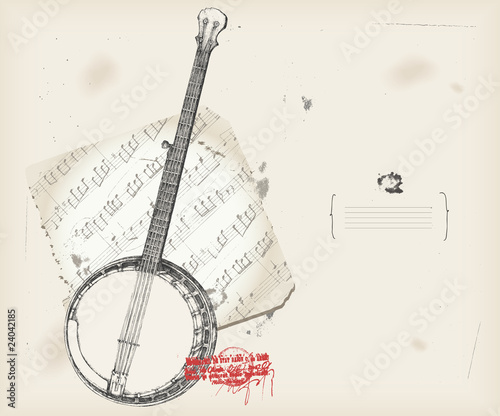 Banjo drawing- music instrument with score- background