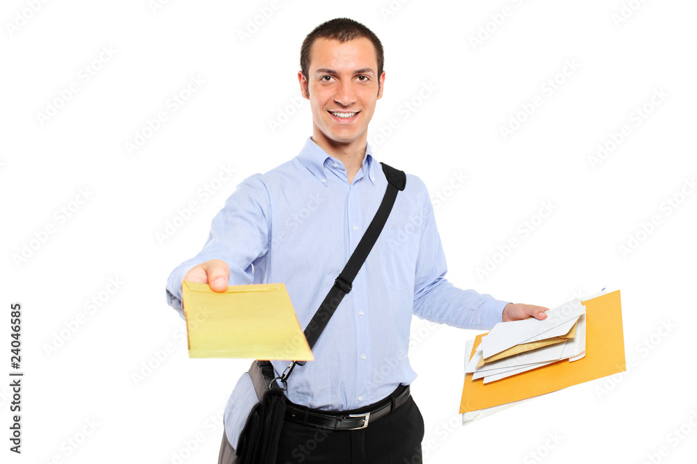 A postman delivering mail isolated on white background