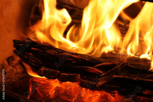 Closeup of a slow combustion wood fire.