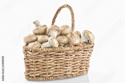 Raw mushrooms in a basket on white