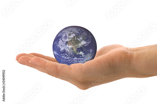 globe on woman hand Blue