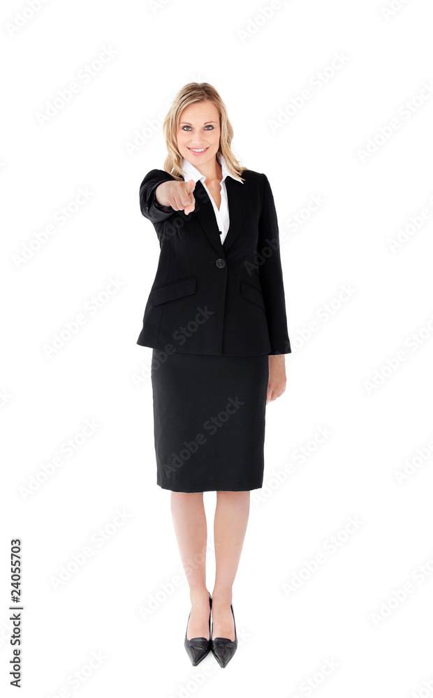 Handsome businesswoman showing with her finger to the camera Handsome businesswoman showing with her finger to the camera