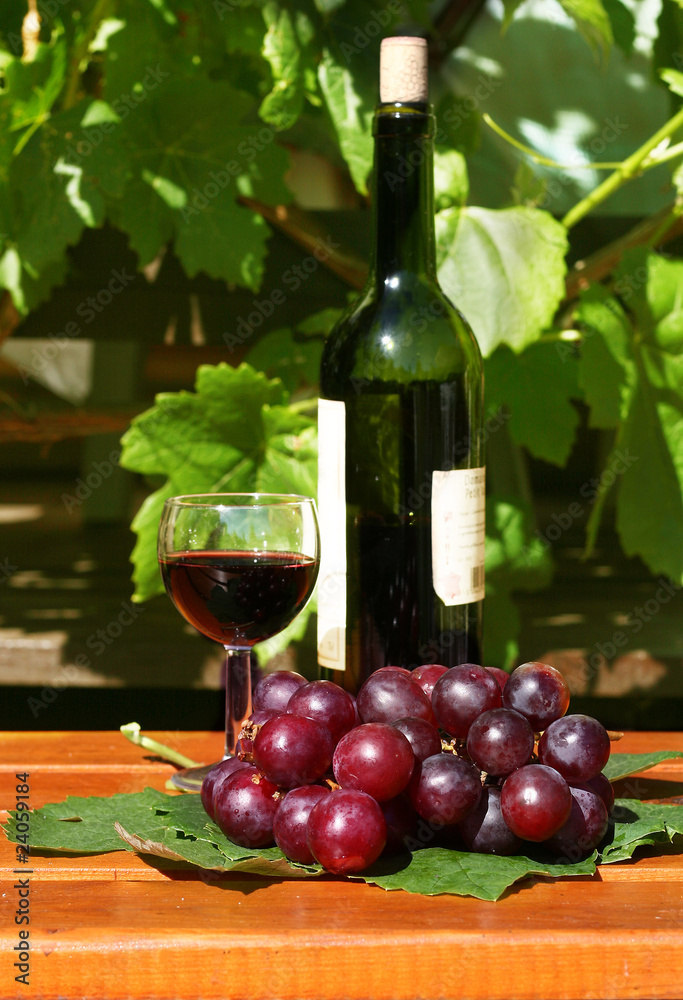 wine glass, grapes and bottle in the garden