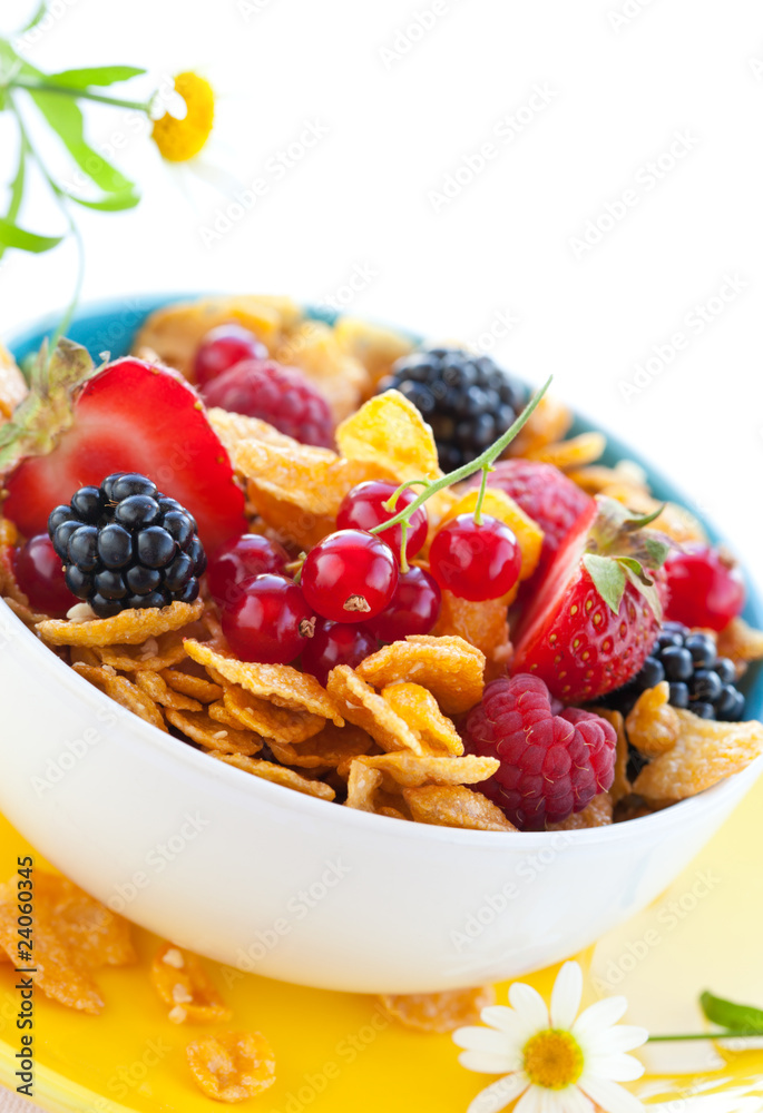 bowl of cornflakes with milk and fruits bowl of cornflakes with milk and fruits
