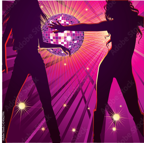 two girls dancing in night-club, disco-ball and glitters