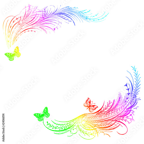 Abstract frame with feathersand butterflies white