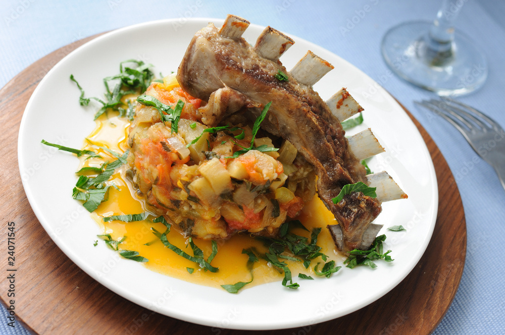 Roasted lamb ribs with stewed eggplant, onion, pepper, tomato.. Roasted lamb ribs with stewed eggplant, onion, pepper, tomato..