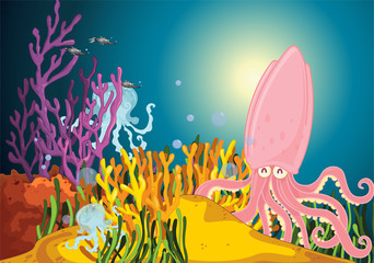 Handdoek met foto Onderwaterwereld Inktvis met onderwatervrienden cartoon  © GraphicsRF