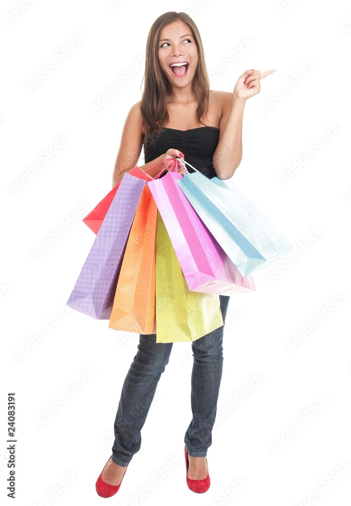 Shopping woman isolated - pointing excited