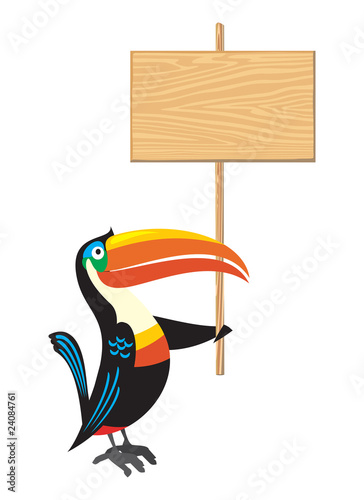 Bird toucan with a wooden sign