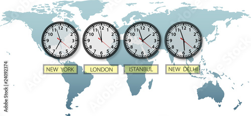 Travel Earth city time clocks on world map