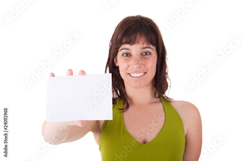 beautiful woman person with blank business card in hand