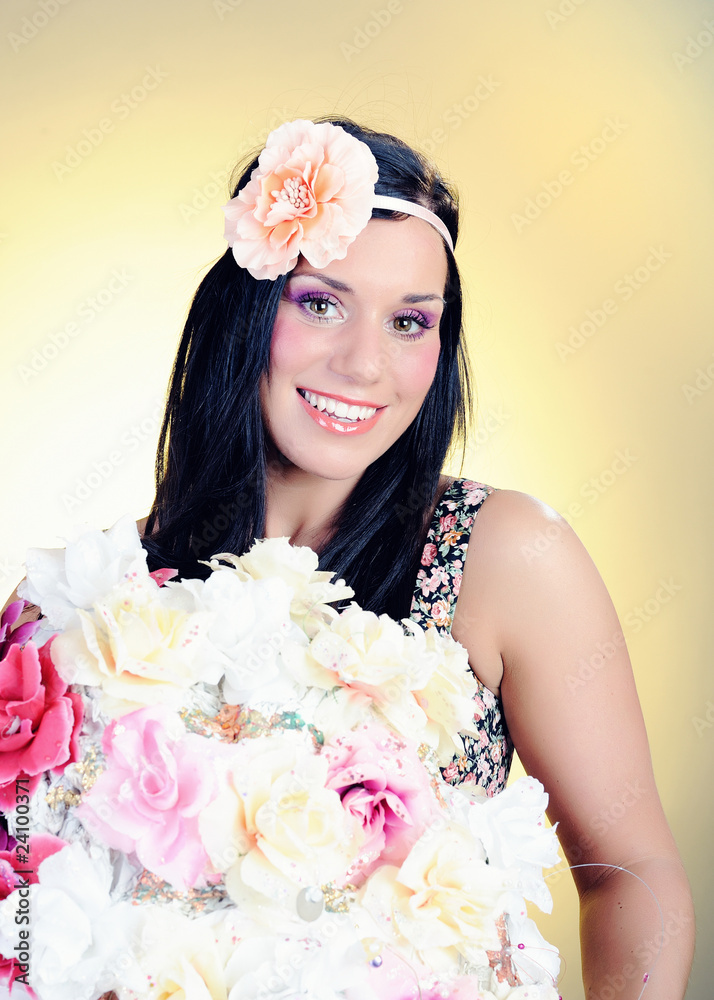Retro portrait of Pretty woman face with artistic make-up and ro Retro portrait of Pretty woman face with artistic make-up and ro