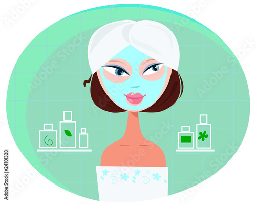 Beauty threatment: girl with facial mask and cosmetics