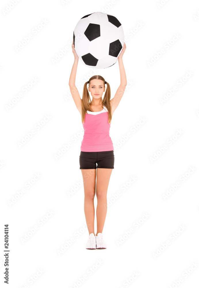 lovely woman with big soccer ball