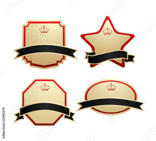 set of gold-framed labels on different topics