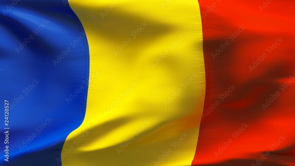 Creased ROMANIA satin flag in wind with seams and wrinkle Creased ROMANIA satin flag in wind with seams and wrinkle
