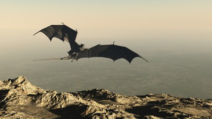 Fotobehang Draken Draak vliegt boven bergklif  © Algol