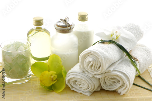 body care items on bamboo mat