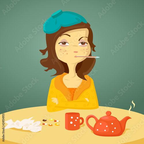 Cartoon girl with illness, vector illustration