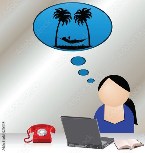 Bored worker daydreaming of relaxing on holiday