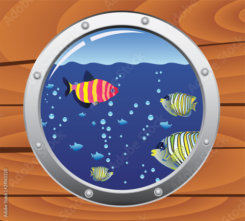 vector porthole and colorful fishes