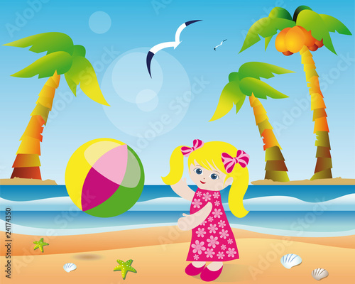 Girl playing ball on the beach. vector