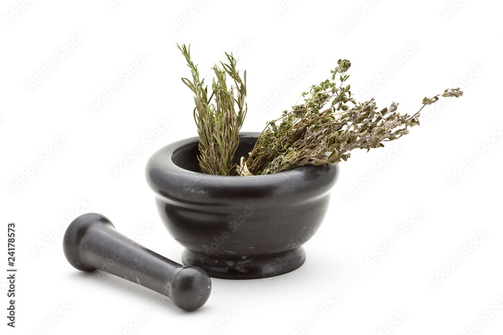 Dried herbs in mortar