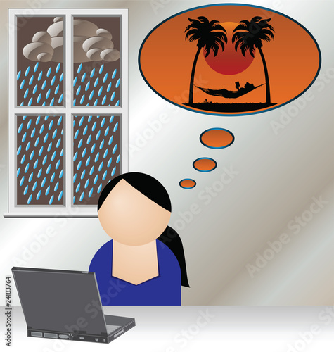 Woman booking holiday online to escape the rain at home