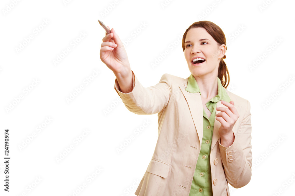 Lachende Geschäftsfrau hält Vortrag Stock Photo | Adobe Stock