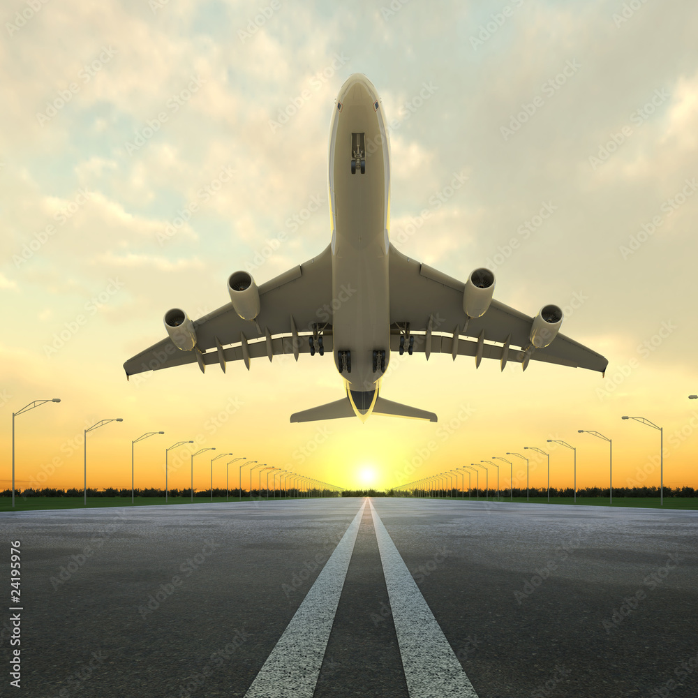Naklejka premium samolot startu na lotnisku o zachodzie słońca