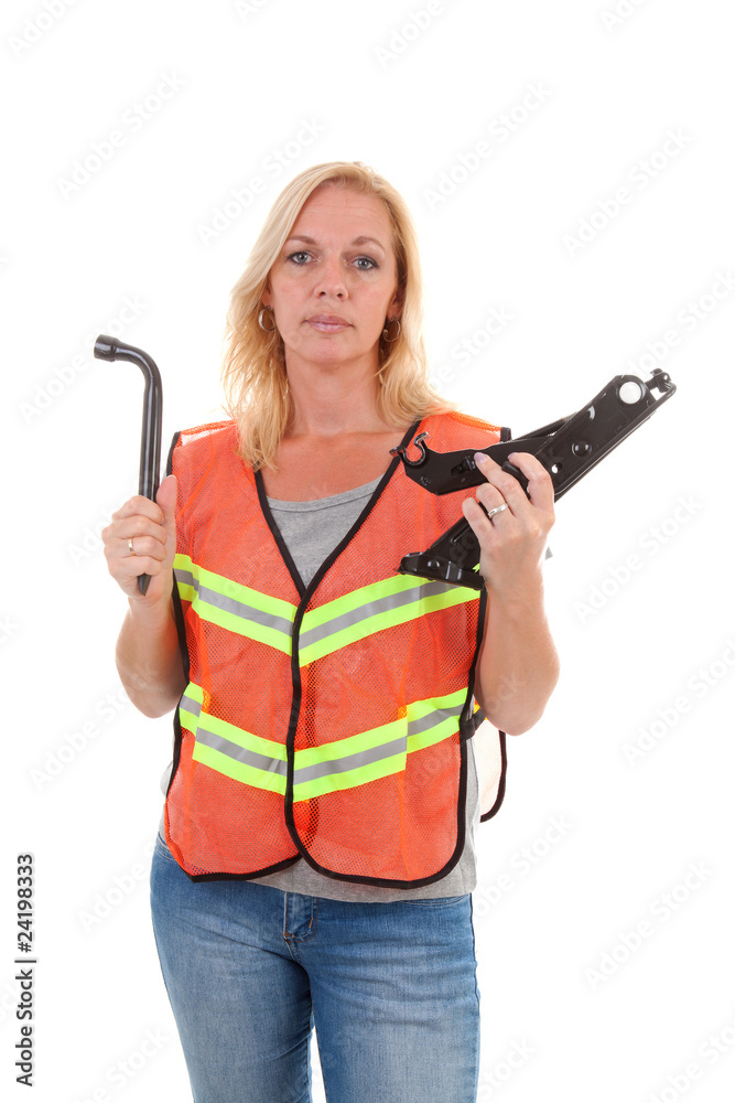 woman in safety vest over white background woman in safety vest over white background