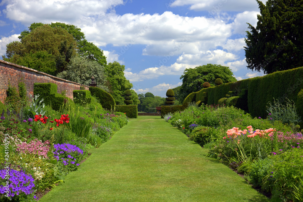 English garden with topiary shrubs
