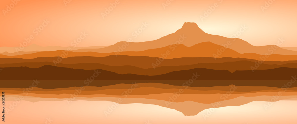 View of mountains with reflection in lake - panorama (vector)