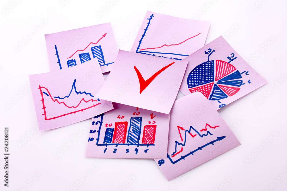 Few notes with charts and check symbol Few notes with charts and check symbol