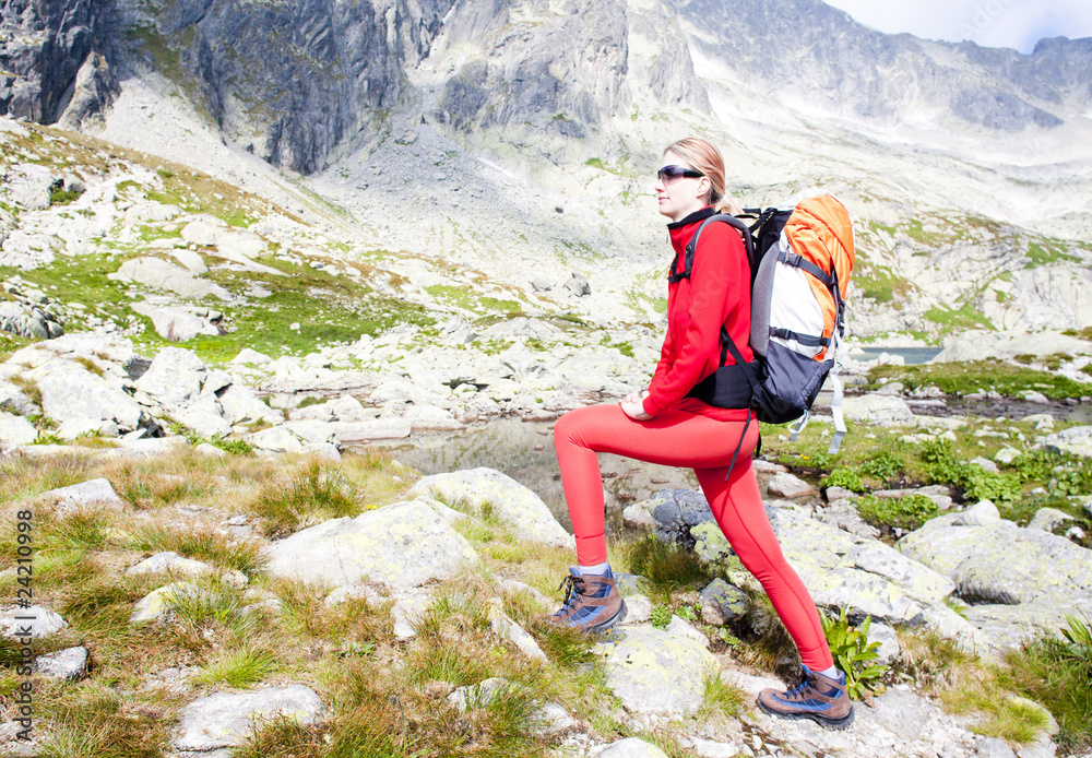 woman backpacker at Five Spis Tarns, High Tatras,Slovakia