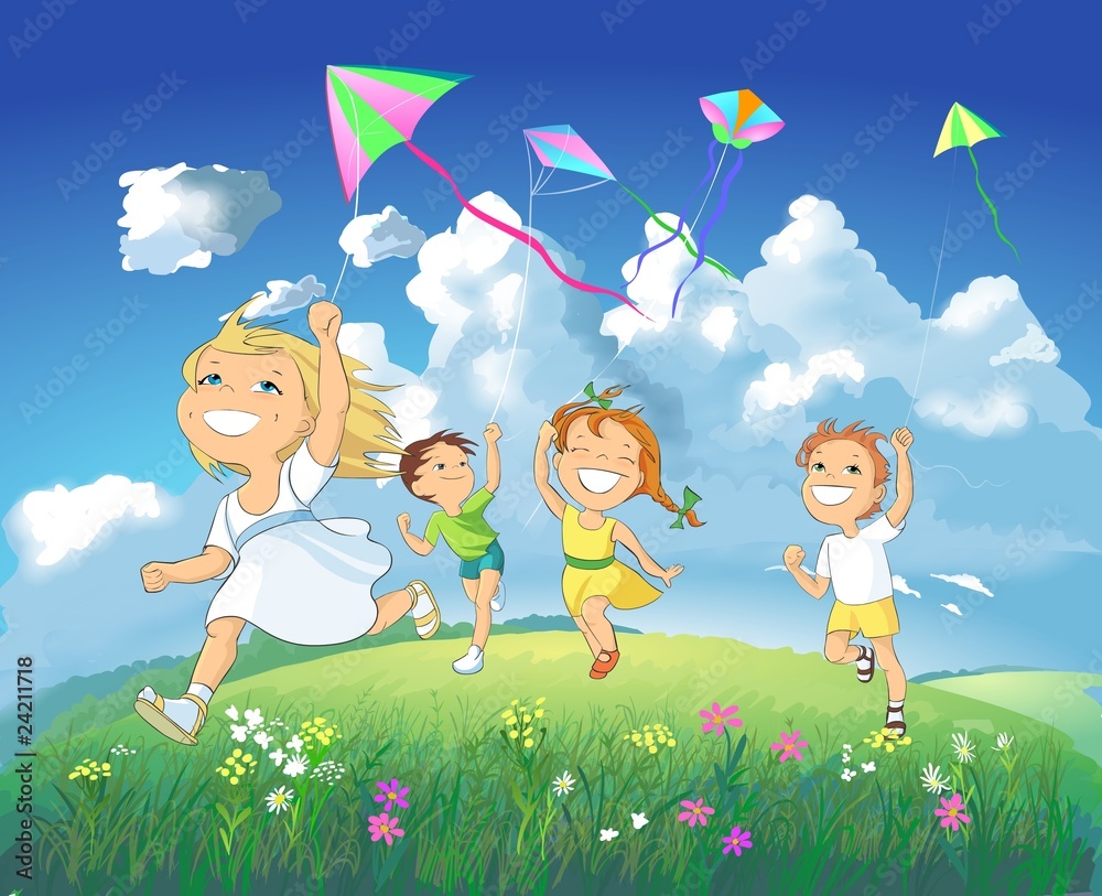 Children flying kites in the meadow on a blue sky background. Children flying kites in the meadow on a blue sky background.