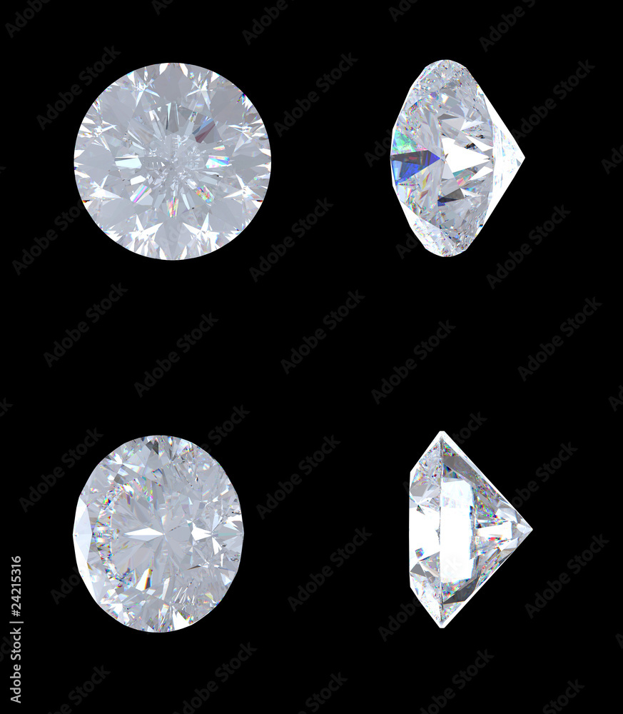 Top, bottom and side views of brilliant diamond Top, bottom and side views of brilliant diamond