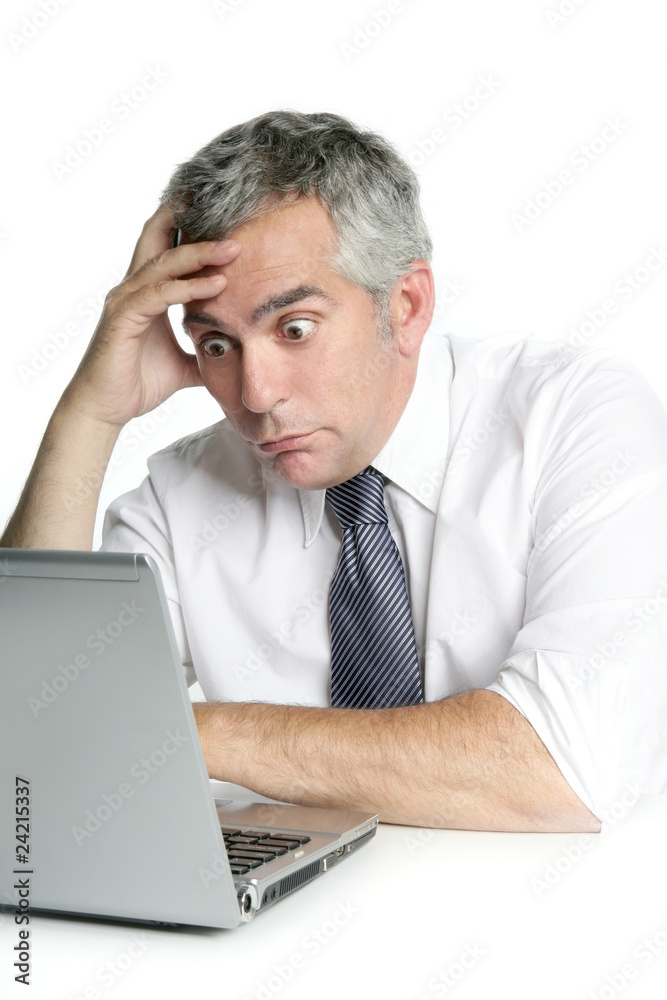 surprise gesture senior businessman work laptop surprise gesture senior businessman work laptop