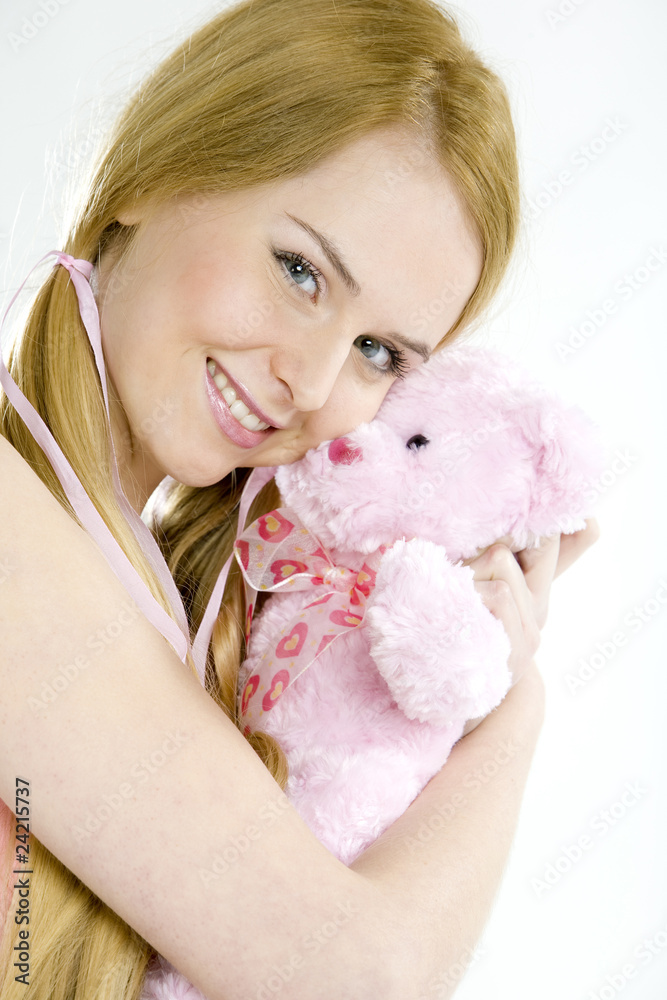 portrait of woman with teddy bear portrait of woman with teddy bear