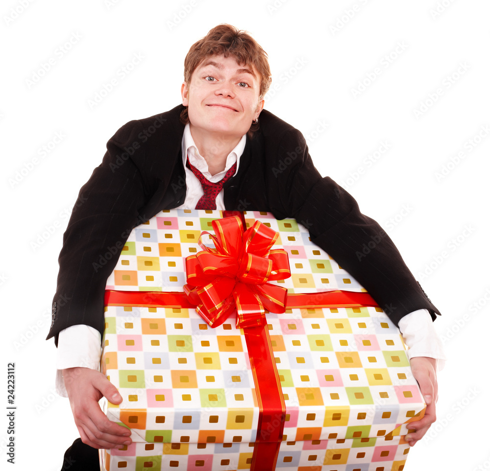 Business man with big gift box. Business man with big gift box.